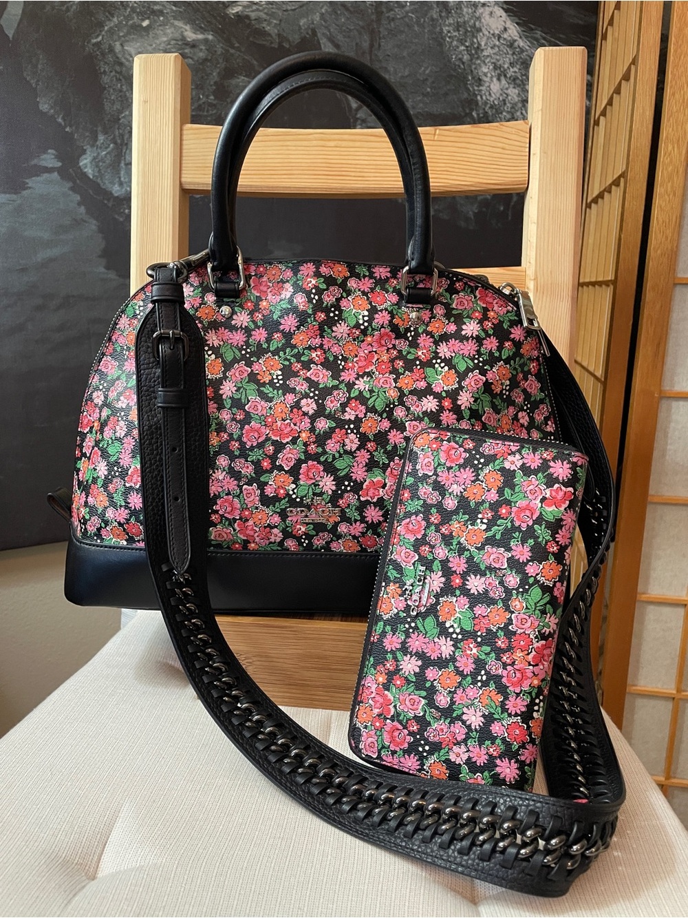 Coach Sierra Posey Cluster Floral Satchel, Wallet & Black Chain Detail Strap